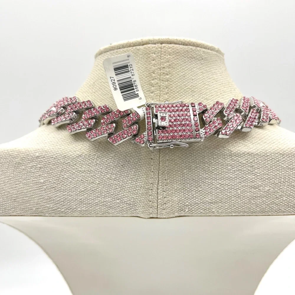 Invicta Pink Crystal Iced Out Cuban Link Chain Necklace Silver Tone 22 Inch‎